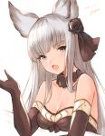  1girl :o animal_ears arm_rest bangs bare_shoulders black_dress black_flower black_gloves black_ribbon black_scrunchie blue_eyes blush breasts cleavage collarbone commentary_request dated dress elbow_gloves erune eyebrows_visible_through_hair flower gloves granblue_fantasy hair_flower hair_ornament hair_ribbon hand_up head_tilt koretsuki_azuma korwa long_hair looking_at_viewer medium_breasts open_mouth ribbon rose scrunchie sidelocks signature silver_hair simple_background sketch sleeveless sleeveless_dress solo strapless strapless_dress upper_body white_background 