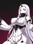 bare_shoulders breasts covered_nipples detached_sleeves dress horn kantai_collection large_breasts long_hair looking_at_viewer oukawa_yuu pale_skin red_eyes ribbed_dress seaport_hime shinkaisei-kan short_dress sideboob solo very_long_hair white_hair 