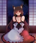  animal_ears arano_oki bare_shoulders blush breasts brooch brown_hair cleavage collar dress imaizumi_kagerou jewelry large_breasts long_hair long_sleeves looking_at_viewer pet red_eyes sitting smile solo touhou very_long_hair wolf_ears 
