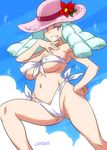  armpits bikini blue_eyes blue_hair breasts cloud covered_nipples day front-tie_bikini front-tie_top grin hand_on_hip happinesscharge_precure! hat hosshiwa joy_ride large_breasts light_blue_hair navel pink_hat pose precure ringlets short_hair side-tie_bikini signature sky smile solo sun_hat swimsuit underboob white_bikini 