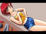  1girl 4bpp breasts d.o. denim denim_shorts erect_nipples game_cg hoshi_no_suna_monogatari hoshi_no_suna_monogatari_3 indoors oldschool pc98 short_hair shorts solo tank_top tomboy 