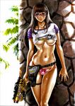  abs bangs blunt_bangs braid breasts crop_top glasses gun holster jungle legs long_hair nature navel palm_tree panties pink_panties realistic super_sentai sweat tabe_koji tan tree underboob underwear weapon yayoi_ulshade zyuden_sentai_kyoryuger 