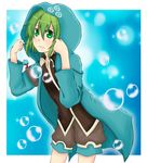  adjusting_clothes adjusting_headwear androgynous bubble green_eyes green_hair hood hooded_jacket hoodie jacket len'en necktie puffy_pants puffy_shorts shitodo_aoji short_hair shorts solo ximsol182 