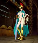  armor braid breasts cape colored_pubic_hair garou_damenade helmet highres large_breasts long_hair navel nipples nude nude_filter one_piece photoshop pink_hair pubic_hair pussy rebecca_(one_piece) shield solo standing sword uncensored weapon 