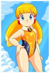  bad_id bad_pixiv_id blonde_hair blue_eyes border call_(mighty_no._9) call_h competition_swimsuit contrapposto flat_chest hand_on_hip highres long_hair low_twintails mighty_no._9 multicolored_hair one-piece_swimsuit pepipopo robot_ears robot_joints scarf smile solo standing swimsuit twintails two-tone_hair 