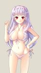  aru_(abyssinia) bad_id bad_nicoseiga_id bikini blush breasts cleavage covered_nipples crescent front-tie_top hairband highres idolmaster idolmaster_(classic) large_breasts long_hair looking_at_viewer navel necktie nipples purple_hair red_eyes see-through shijou_takane side-tie_bikini simple_background smile solo swimsuit white_bikini 