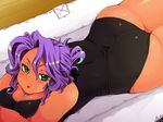  1girl ass breast_squeeze breasts curvy erect_nipples eroe futon green_eyes large_breasts legs leotard looking_at_viewer lying on_stomach purple_hair short_hair smile solo thighs 