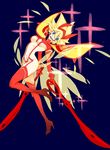  ashihara_leek blonde_hair blue_eyes breasts dual_wielding headgear holding kill_la_kill large_breasts matoi_ryuuko navel revealing_clothes scissor_blade senketsu senketsu-kisaragi smile solo space spoilers thighhighs underboob 