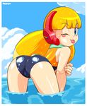  ;p ass bad_id bad_pixiv_id bent_over blonde_hair blue_eyes blush_stickers call_(mighty_no._9) call_h competition_swimsuit from_behind long_hair mighty_no._9 multicolored_hair ocean one-piece_swimsuit one_eye_closed pepipopo robot_ears robot_joints scarf solo swimsuit tongue tongue_out two-tone_hair wading wet 