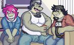  2014 alcohol arsinoe beer belly beverage biceps black_hair blush bulge butch_wanikami chubby clothing crocodile dilf facial_hair fangs female goatee hair hairy krokodyle male maya_yukata musclegut muscles older_male pants pecs pink_hair reptile scalie shirt sofa straight teeth vest wanikami 