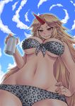  animal_print bikini blonde_hair blush breasts can cloud day eyebrows_visible_through_hair fang fang_out hand_on_hip highres horn hoshiguma_yuugi katwu_(gensou_ninja_yashiki) large_breasts leopard_print long_hair midriff navel pointy_ears print_bikini sky smile solo swimsuit touhou 