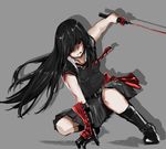  akame akame_ga_kill! bad_id bad_pixiv_id belt black_gloves black_hair blood blood_on_face boots breasts fitz_(fita_is_the_smartest) gloves hair_over_one_eye injury katana long_hair loose_necktie necktie one_knee red_eyes single_glove skirt small_breasts solo sword vambraces weapon 