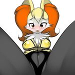  anthro areola braixen breasts canine female fennec fox fur hair invalid_background kloudmutt lingerie looking_at_viewer mammal nintendo nipples plain plain_background pok&eacute;mon presenting presenting_pussy pussy shy solo video_games white_background yellow_fur 
