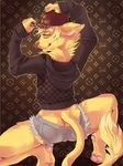  2014 anthro back_turned bulge butt buttcrack cat clothed clothing crouching cutoffs denim_shorts fawnix_(artist) feline hat hindpaw hoodie liam looking_back male mammal neck_tuft pawpads paws pose shorts skimpy smile solo spread_legs spreading sweater 