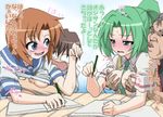  2girls blush breast_grab breasts brown_hair commentary_request downtown_no_gaki_no_tsukai_ya_arahende!! grabbing grabbing_from_behind green_eyes green_hair hetero higurashi_no_naku_koro_ni long_hair maebara_keiichi medium_breasts multiple_boys multiple_girls nipples ooishi_kuraudo pencil ponytail ryuuguu_rena school_uniform short_hair small_breasts sonozaki_mion translation_request yaneko_uta 