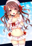  bad_id bad_pixiv_id bikini bikini_under_clothes blush breasts brown_eyes brown_hair double_v hair_ribbon hat idolmaster idolmaster_cinderella_girls long_hair looking_at_viewer microskirt navel red_bikini ribbon see-through shimamura_uzuki skirt small_breasts solo striped striped_bikini swimsuit swimsuit_under_clothes thighhighs v white_legwear white_skin yadapot 