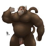  2014 ape balls belly biceps big_muscles bin_(artist) brown_fur chubby dragon_ball flexing fur grin male mammal musclegut muscles oozaru pecs penis plain_background pose primate red_eyes solo white_background 