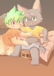  balls black_nose blush bottomless brown_background canine cat chair cub deziriku dog erection feline green_eyes green_hair hair male mammal midriff penis plain_background red_eyes saliva tears tongue tongue_out uncut undressing young 