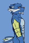  abs anthro armor blue_fur fangs fur looking_at_viewer male mammal muscles nintendo nude pink_nose pok&eacute;mon pok&eacute;morph red_eyes samurott side_view solo tail_fin tuft video_games white_fur 