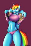  2014 anthro anthrofied blue_fur clothed clothing equine female friendship_is_magic fur hair hobbsmeerkat mammal midriff multi-colored_hair my_little_pony navel panties pegasus plain_background purple_background rainbow_dash_(mlp) rainbow_hair skimpy solo tongue tongue_out underwear wings 