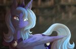  2014 blue_eyes blue_hair crown cutie_mark dennybutt equine female feral friendship_is_magic glowing hair horn horse mammal my_little_pony necklace pony princess_luna_(mlp) solo standing winged_unicorn wings 