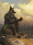  2014 alcohol anthro beverage black_nose canine clothing coyox dog fallout fur german_shepherd glass gun headphone male mammal military newspaper nightwoof paper ranged_weapon soldier solo uniform weapon wine 