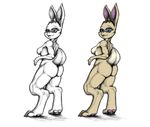  almar anthro back blue_eyes breasts butt claws copy female fur lagomorph long_ears looking_back mammal muscles pawpads paws rabbit sketch smile solo standing upright 