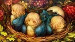 blonde_hair broken_egg child closed_mouth dragon's_crown feathers flower food fruit game_cg grapes harpy harpy_(dragon's_crown) highres human_head leaf long_hair monster_girl multiple_girls nest official_art red_eyes shigatake younger 