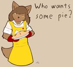  amber_eyes apron black_nose brown_fur brown_hair canine clothing female florence_ambrose fur hair mammal open_mouth oven_mitts pie shirt solo starfighter white_fur wolf 