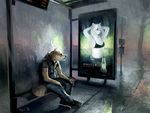  advertisement bench bus_stop canine dog husky longing mammal rain sad sitting 