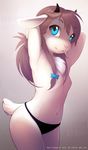  2014 antiander arms_behind_head blue_eyes bow breasts brown_hair caprine chest_tuft clothing female fur goat hair hi_res horn long_hair looking_at_viewer mammal navel panties small_breasts smile solo standing thighs tuft underwear white_fur 