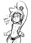  english_text female flat_chested genie monochrome pointy_ears ponytail shantae shantae_(series) solo text wide_hips 