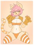  2014 anthro black_nose breasts candy cat clothed clothing feline female gloves hair legwear lollipop mammal navel panties pink_hair presenting short_hair skimpy solo spread_legs spreading stockings underwear zyira 