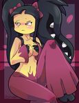  2014 anthro black_hair blush bow_tie breasts covering covering_breasts embarrassed female hair looking_away mawile mega_evolution mega_mawile nintendo nude obakawaii pok&eacute;mon purple_eyes solo video_games 