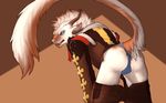  2014 angs bent_over butt charr clothing feline female guild_wars horn looking_at_viewer mammal panties plain_background slash0x solo underwear undressing video_games 