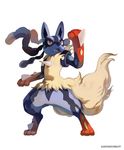  ambiguous_gender angry bluekomadori digitigrade feral looking_away low-angle_shot lucario mega_evolution mega_lucario nintendo pok&eacute;mon raised_arm solo spikes video_games 