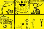  all_fours ambiguous_gender anthro arm_support canine comic container dialog dog duo english_text eyewear facial_piercing feral human humor johnnysmash kneeling lip_piercing mammal mohawk piercing plain_background standing sunglasses super_mega_comics surreal text thought_bubble transformation trashcan what yellow_background 