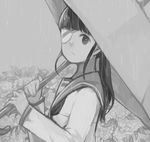  bad_id bad_pixiv_id black_hair eyepatch field flower flower_field greyscale holding holding_umbrella long_hair looking_at_viewer monochrome neckerchief rain sakamoto_mio school_uniform serafuku shirono_kuma solo strike_witches umbrella uniform world_witches_series 