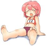  arm_support bare_arms bare_legs bare_shoulders barefoot blush buruma closed_eyes collarbone dot_nose eyebrows_visible_through_hair fang feet flat_chest full_body hair_between_eyes midriff navel open_mouth original oyatsu_(mk2) pink_hair purple_buruma red_tank_top short_hair simple_background sitting soles solo sportswear sweatdrop tank_top toes white_background 