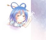  bikuseno blue_hair chibi dress hair_ornament hair_rings hair_stick kaku_seiga short_hair smile solo through_wall touhou vest waving 