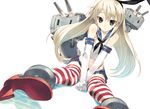  bare_shoulders between_legs black_panties blonde_hair blush brown_eyes elbow_gloves flat_chest gloves hair_ribbon hand_between_legs highleg highleg_panties highres kantai_collection long_hair looking_at_viewer nakamura_takeshi navel panties rensouhou-chan ribbon sailor_collar shimakaze_(kantai_collection) sitting skirt solo striped striped_legwear thighhighs underwear v_arms white_gloves 