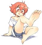  bare_shoulders barefoot blush feet full_body leg_up oyatsu_(mk2) red_eyes red_hair shadow short_hair shorts sitting soles solo sweatdrop toes white_background 