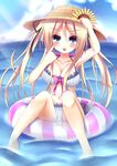  :p akanbe bikini blonde_hair blue_bikini blue_eyes blue_sky blush breasts cleavage cloud day esureki flower frilled_bikini frills innertube large_breasts long_hair looking_at_viewer ocean original revision sky solo striped striped_bikini sunflower swimsuit tongue tongue_out twintails water 