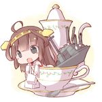  ahoge black_eyes brown_hair chibi cup detached_sleeves giwa hairband highres japanese_clothes kantai_collection kongou_(kantai_collection) long_hair machinery nontraditional_miko open_mouth solo spoon sugar_cube teacup teapot turret wide_sleeves 