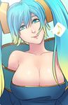  aqua_hair bare_shoulders blonde_hair blue_eyes breasts cleavage eighth_note gradient_hair greenmarine hagoromo head_tilt large_breasts league_of_legends lips long_hair multicolored_hair musical_note shawl solo sona_buvelle spoken_musical_note twintails upper_body 