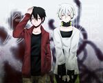  ayu_(ayu-sweet) black_hair choker hand_in_pocket hand_on_own_head headphones jacket kagerou_project kisaragi_shintarou konoha_(kagerou_project) multiple_boys open_mouth red_eyes short_hair track_jacket white_hair 