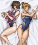  1girl blue_swimsuit bob_cut breasts brown_eyes brown_hair cleavage commentary_request competition_swimsuit cowboy_shot hair_bun hasaba_mimiko hasaba_nanako highleg highleg_swimsuit highres jujutsu_kaisen light_brown_hair lying on_side one-piece_swimsuit reimei33 short_hair siblings sisters small_breasts solo stuffed_toy swimsuit 