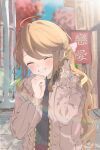  1girl ^_^ ^o^ absurdres ahoge black_sweater blurry blurry_background blush brown_hair brown_jacket closed_eyes grin highres idolmaster idolmaster_million_live! jacket light_particles long_hair ooho0216 outdoors rainbow smile solo sweater tokoro_megumi very_long_hair wavy_hair 
