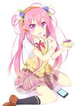  bad_id bad_pixiv_id bow bowtie food hair_ornament headphones highres holding long_hair looking_at_viewer media_player nibiiro_shizuka open_mouth original pink_eyes pink_hair plaid plaid_skirt pleated_skirt pudding school_uniform skirt solo spoon twintails vest 