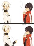  2koma black_hair bookcage comic fist_bump headphones jacket kagerou_project kisaragi_shintarou konoha_(kagerou_project) multiple_boys red_eyes shaded_face short_hair silent_comic track_jacket v white_background white_hair 